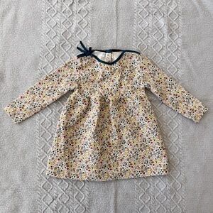 Zara Toddler Long Sleeve Multicolor Floral Dress with Navy Blue Bow Trim
